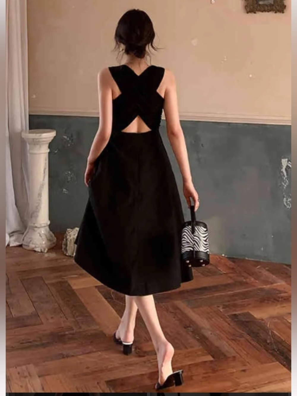 Black Smocked Square-Neck Midi Dress with Ruffled Straps - NWT, size XS-M